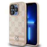 Husa iphone 15 pro max - dkny leather checkered mono pattern and printed stripes (dkhcp15xpcptssp) - pink