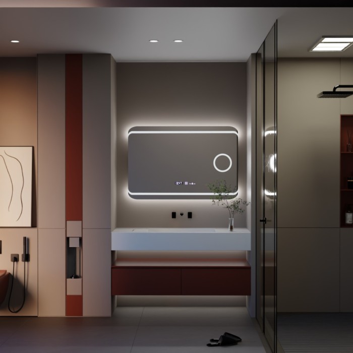 Oglinda LED Rectangulara, 100x60cm, Definition MotionGlow Marcello, Sistem Dezaburire, Ceas &amp; Termometru, Lupa Cosmetica, Dimabila ModernLight Concept