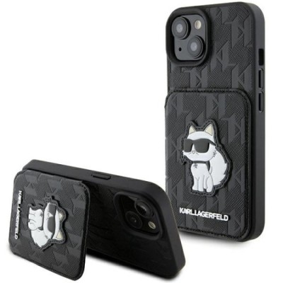 Husa pentru iPhone 15 / iPhone 14 / iPhone 13 - Karl Lagerfeld Saffiano Cardslots and Stand (KLHCP15SSAKCNSCK) - Monogram Choupette foto