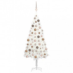 Set brad de Crăciun artificial cu LED-uri/globuri, alb, 150 cm