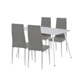 Set Sufragerie Leziter Renton 4+1 Gri, Masa Piatra Sinterizata 140x80cm, Scaune Piele Textila Gri, Picioare Masa Albe
