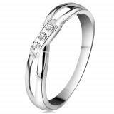Inel din aur 14K - trei diamante rotunde transparente, brațe despicate, aur alb - Marime inel: 50