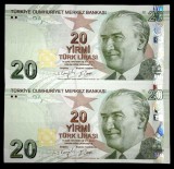 TURCIA 20 LIRE 2009 ( 2022 ) prefix G [2] P- 224 f , Serii Consecutive UNC