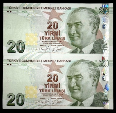 TURCIA 20 LIRE 2009 ( 2022 ) prefix G [2] P- 224 f , Serii Consecutive UNC foto