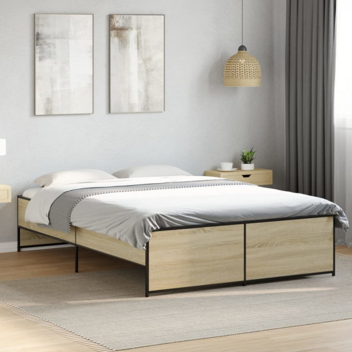 vidaXL Cadru de pat, stejar sonoma, 140x190cm, lemn prelucrat și metal 3279898