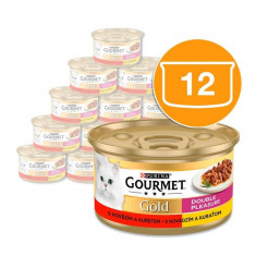 Conservă Gourmet GOLD - bucățele fripte și înăbușite de vită și pui, 12 x 85g