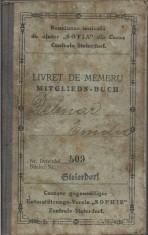 A3848N Reuniunea mutuală de ajutor Sofia din Caraș, Centrala Steierdorf, livret de membru, 1939