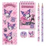 Set Scolar Kuromi cu Carnetel, Creioane, Radiera, Ascutitoare si Autocolante, Roz Mov, 6 piese, CMCLASS