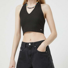 Tommy Jeans pantaloni scurti jeans femei, culoarea negru, neted, high waist