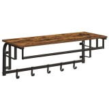 Cuier de perete cu raft, bara pentru umerase, Artool, 5 carlige, metal, pal, negru si maro rustic, 80x30x27 cm, Leobert