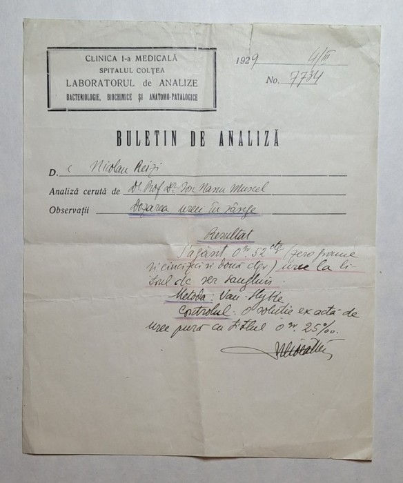 Buletin de analiză Spitalul Colțea 1929 &ndash; Prof. Dr. Nanu Muscel