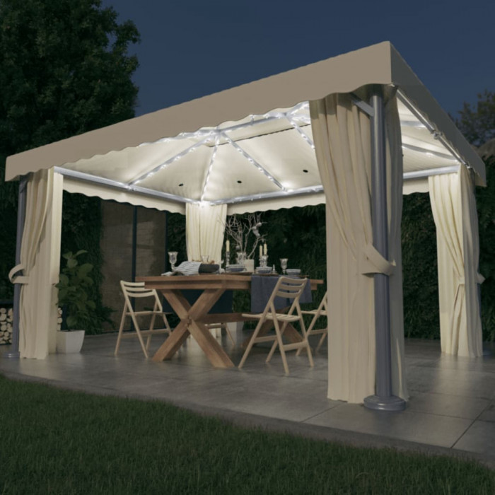 Pavilion cu perdele &amp; siruri lumini LED, alb crem, 4x3 m GartenMobel Dekor