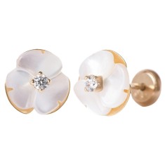 Cercei Copii din Aur 14K, model Floare Sidef Perla si piatra CZ alba, inchidere cu Filet si Protectie