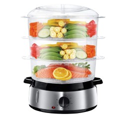 Aparat de gatit cu aburi Fitfoodie Steel, 800W, 9 Litri, Timer, Oprire automata, 3 cosuri depozitare, Black / Silver