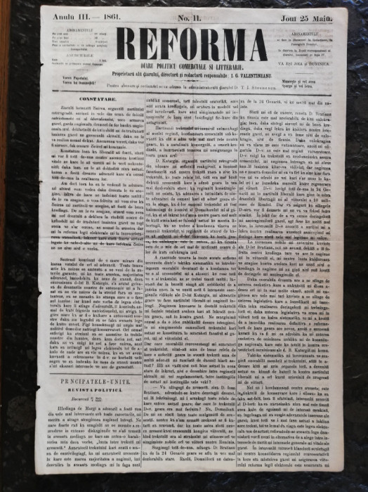 Ziarul Reforma anul III, joi 25 mai 1861,4 pagini, stare foarte buna