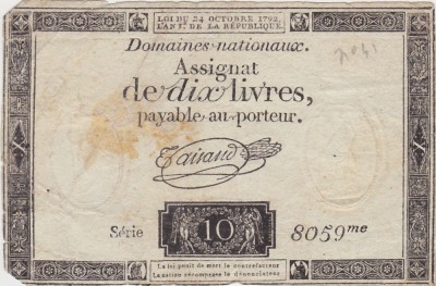 FRANTA ASIGNATA ASSIGNAT 10 LIVRES OCTOMBRIE 1792 SIGN. Taisaud WTMK. RP FR F foto