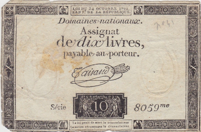 FRANTA ASIGNATA ASSIGNAT 10 LIVRES OCTOMBRIE 1792 SIGN. Taisaud WTMK. RP FR F