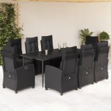 VidaXL Set mobilier de grădină cu perne, 9 piese, negru, poliratan
