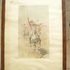 Tablou - Litografie L.Vallet 1892 - Luptatori pe cai ,Dim.= 24x14cm partea picta