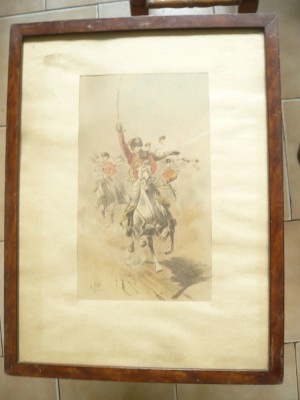 Tablou - Litografie L.Vallet 1892 - Luptatori pe cai ,Dim.= 24x14cm partea picta foto