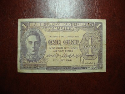 MALAYA 1 CENT 1941 foto