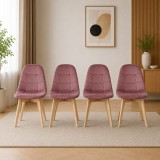 Cumpara ieftin Set 4 scaune bucatarie/living, Artool, Bora, catifea roz inchis, picioare lemn natur, 44.5x54x81.5 cm