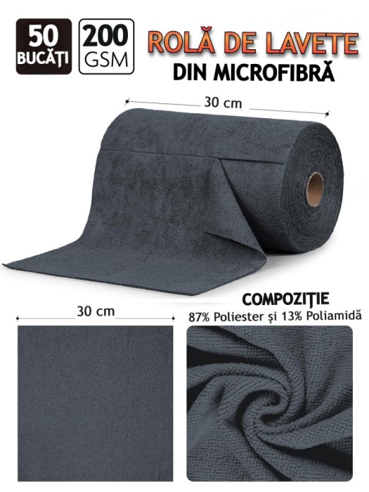 Rola de lavete din microfibra, VENTLEX, 50 lavete, 30x30 cm, 200GSM, Capacitate mare de absorbtie, Reutilizabile, Negru