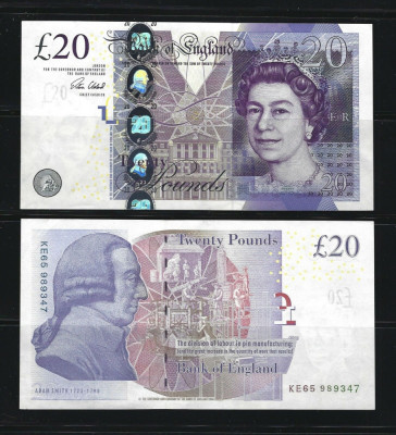 MAREA BRITANIE █ bancnota █ 20 Pounds █ 2015 █ P392c █ Cleland █ UNC necirculata foto