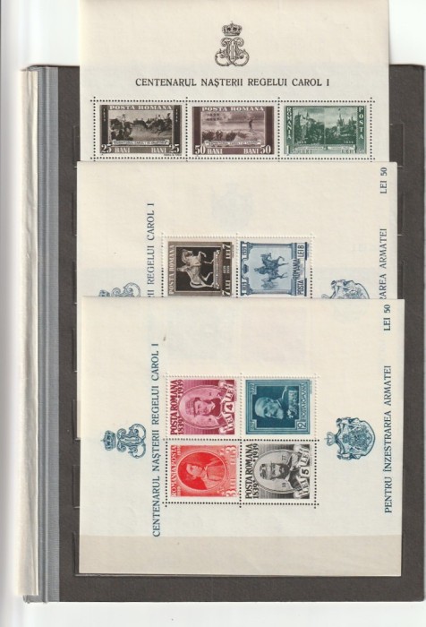 ROMANIA1939/1940 LP 133 CENTENARUL NASTERII REGELUI CAROL I 3 COLITE MNH NESTAMPILATE