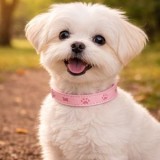 Zgardă pentru c&acirc;ini, Talie mică, Roz, Model lăbuțe și oase, Reglabilă, CMCLASS