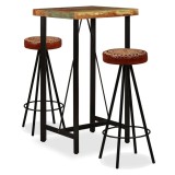 Mobilier bar 3 piese lemn masiv reciclat, piele naturală, p&acirc;nză