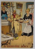 L &#039;ENTRECOTE BERCY , CARTE POSTALA ILUSTRATA , LITOGRAFIE SEMNATA JEAN PARIS , CU RETETA CULINARA PE VERSO , TEXT IN LB. FRANCEZA , 1946