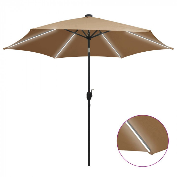 vidaXL Umbrelă de soare, LED-uri și st&acirc;lp aluminiu, gri taupe, 300 cm