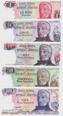 Bancnota Argentina 1, 5, 10, 50 si 100 Pesos Argentinos (1983-85) - P311-315 UNC foto