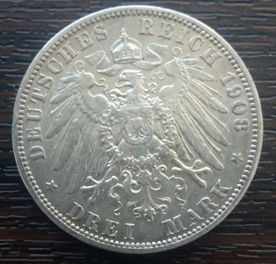 (A703) MONEDA DIN ARGINT GERMANIA, PRUSIA - 3 MARK 1908, LIT. A, WILHELM II foto