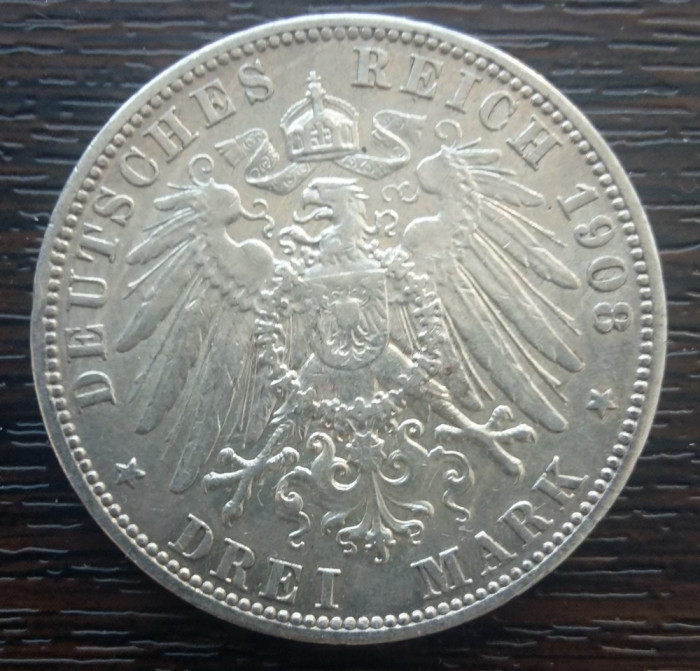 (A703) MONEDA DIN ARGINT GERMANIA, PRUSIA - 3 MARK 1908, LIT. A, WILHELM II