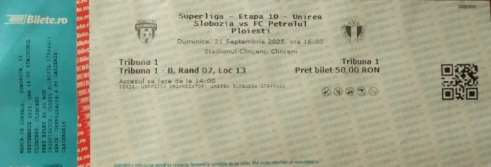 Bilet Unirea Slobozia v Petrolul Ploiesti Superliga 21.9.2025