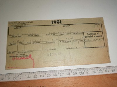 CHITANTA ELECTRICITATE 1951 foto
