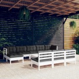 Set de șezlonguri de grădină cu perne 11 piese alb lemn de pin