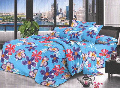 Lenjerie de pat pentru o persoana cu husa elastic pat si 2 fete perna dreptunghiulara, Panora, bumbac mercerizat, multicolor foto