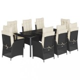 Set mobilier de gradina cu perne, 9 piese, negru, poliratan