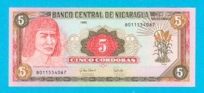 Bancnotă Nicaragua (pick 180) 5 Cordobas 1995 UNC serie: B011554067 foto
