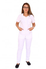 Costum medical alb cu bluza cu fermoar cambrata, trei buzunare aplicate si pantaloni alb cu elastic L INTL foto