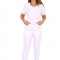 Costum medical alb cu bluza cu fermoar cambrata, trei buzunare aplicate si pantaloni alb cu elastic XS