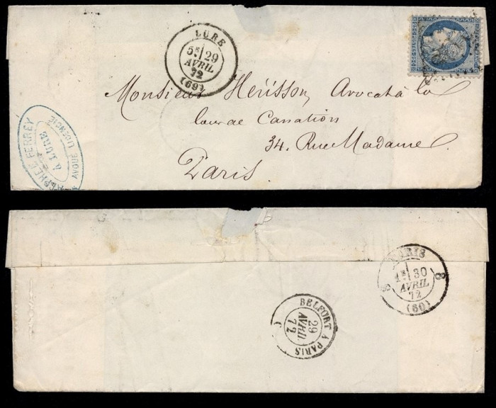 France 1872 Postal History Rare Cover Lure to Paris - Rairoad cancel D.253
