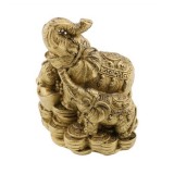 Statueta Feng Shui din rasina cu Elefant cu pui pe monede si pepite, 9,5cm,Z6