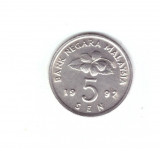 Moneda Malaezia 5 sen 1992, stare buna, curata, Asia, Cupru-Nichel