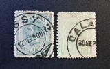 Regele Carol I ("Gromic / Cifre Jos" &amp; "Cifre") - 40 Bani Verde-Veroniu (Ștampilă "JASSY 1900") &amp; 10 Bani Verde-Pale (Ștampilă "GALAȚI 30 SEP") RO2