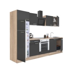 Mobilă de bucătărie Yorki 270, corp din stejar sonoma, față antracit satinat, element cuptor inferior, frigider congelator superior