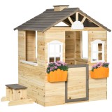 Outsunny Casa de Joaca din Lemn pentru Copii pentru Jocuri de Rol, cu Usa Functionala, Ferestre, Banca, Statie de Service, pentru Copii de 3-7 ani